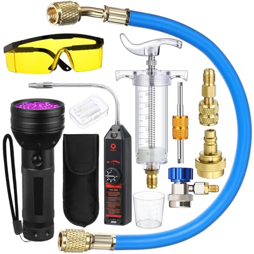 Tellegloww Leak Detector Kit R1234yf R134a R410a Oil and Dye Injectors Kit 30ml/1 oz Hand Push Compressor Dye Injector Refrigerant Leak Detector Tool Quick Coupler UV Flashlight Glasses