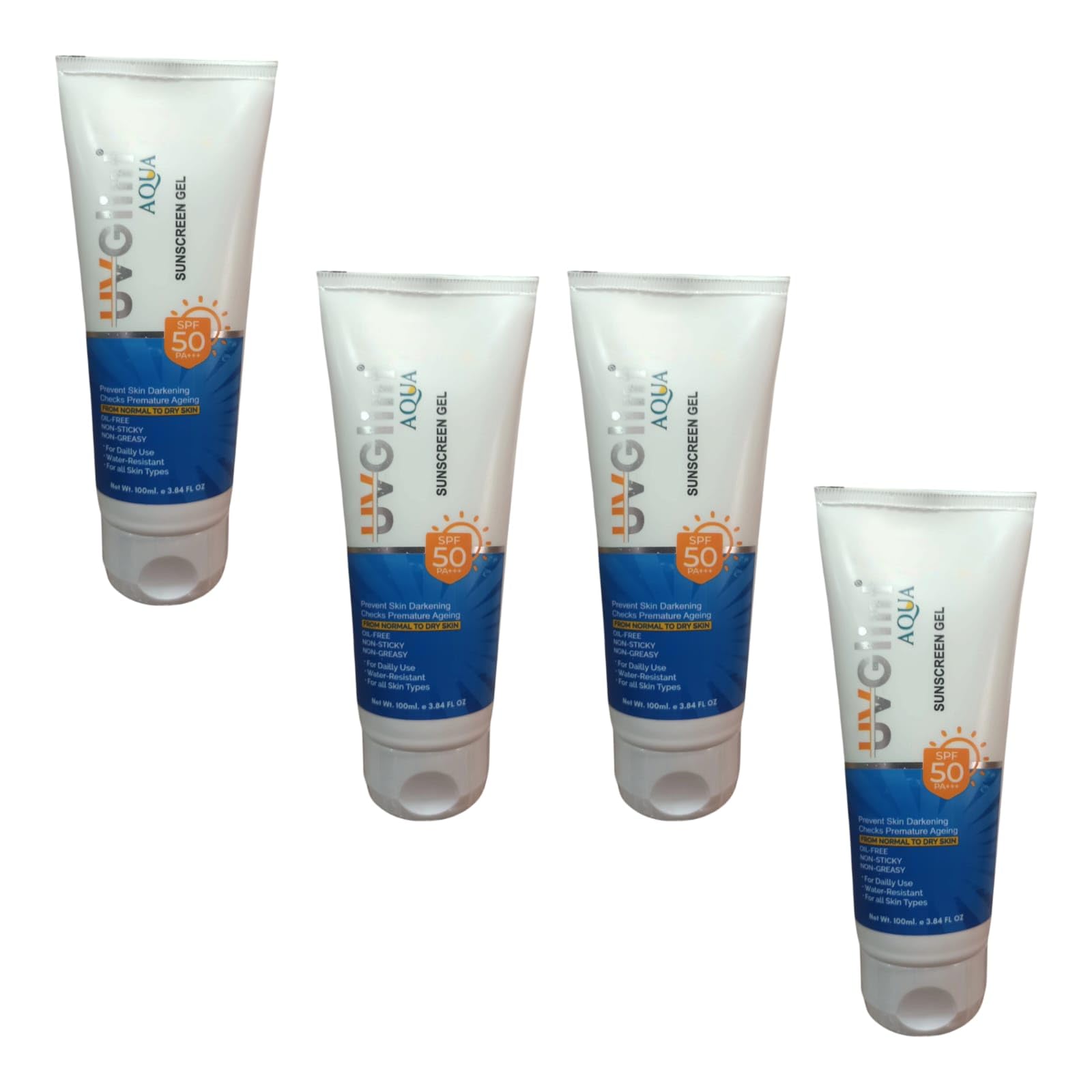 uvglin aqua spf50 sunscreen gel from uva and uvb broad spectrum all skin type 100ml pack of 4