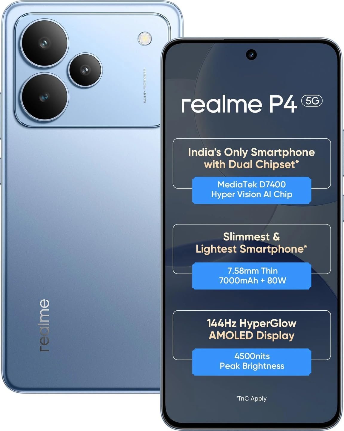 realme P4 5G (Engine Blue, 8GB RAM, 128GB Storage) | MediaTek Dimensity 7400 Octa-Core Processor | 50MP + 8MP AI Dual Camera | 16MP Front Camera | 6.77-inch FHD+ Flexible AMOLED 120Hz Display |