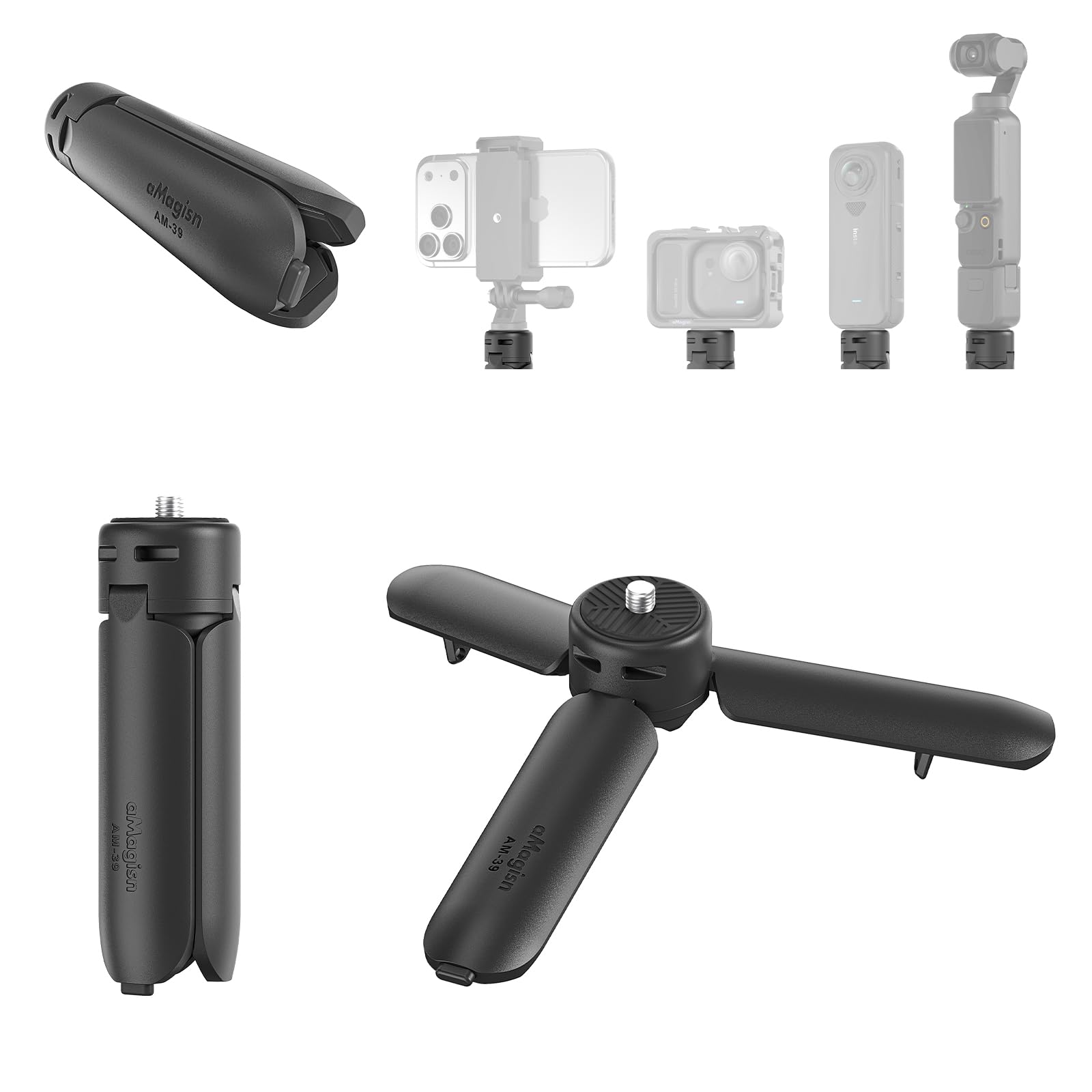 aMagisn One-Touch Open Mini Tripod for DJI Osmo Pocket 4P/4/3, Insta360 Luna Ultra/X6/X5/Ace Pro 2, Small Desktop Stand & Handheld Grip with 1/4" Screw for Action 6/GoPro/Phone