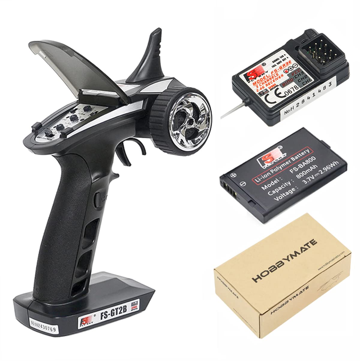 Flysky RC FS GT2B Radio Transmitter & FS-GR3E Receiver, 3 Channel 2.4Ghz Radio Controller with Internal Rechargeable Transmitter Battery - HOBBYMATE