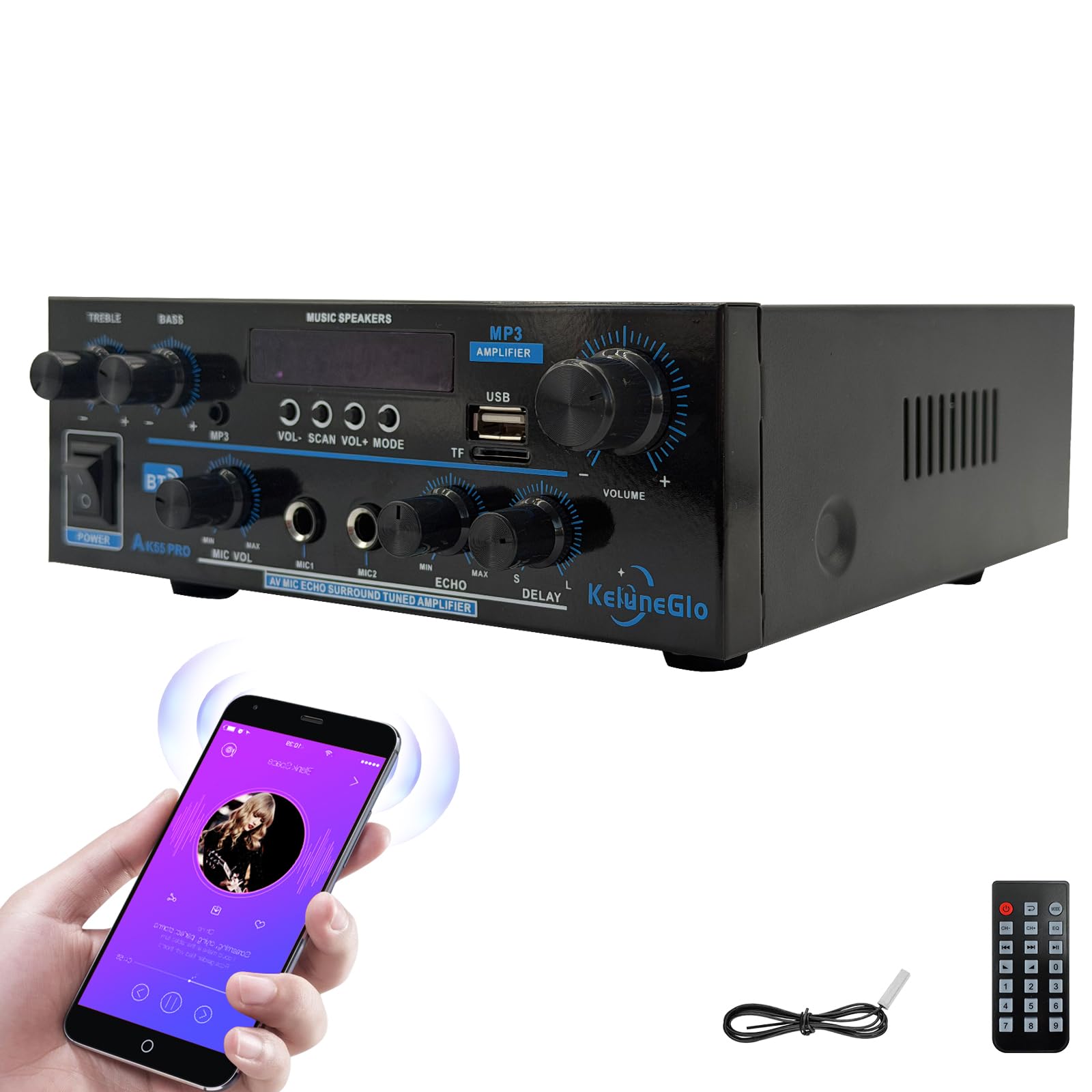 KG AK55 PRO Home Audio Amplifier Receiver — Dual-Channel (Max 500W / RMS 25W x 2) Stereo Amplifier, Bluetooth 5.0 Speaker Amp, Supports FM Radio/USB/SD Card Playback, Includes Remote Control