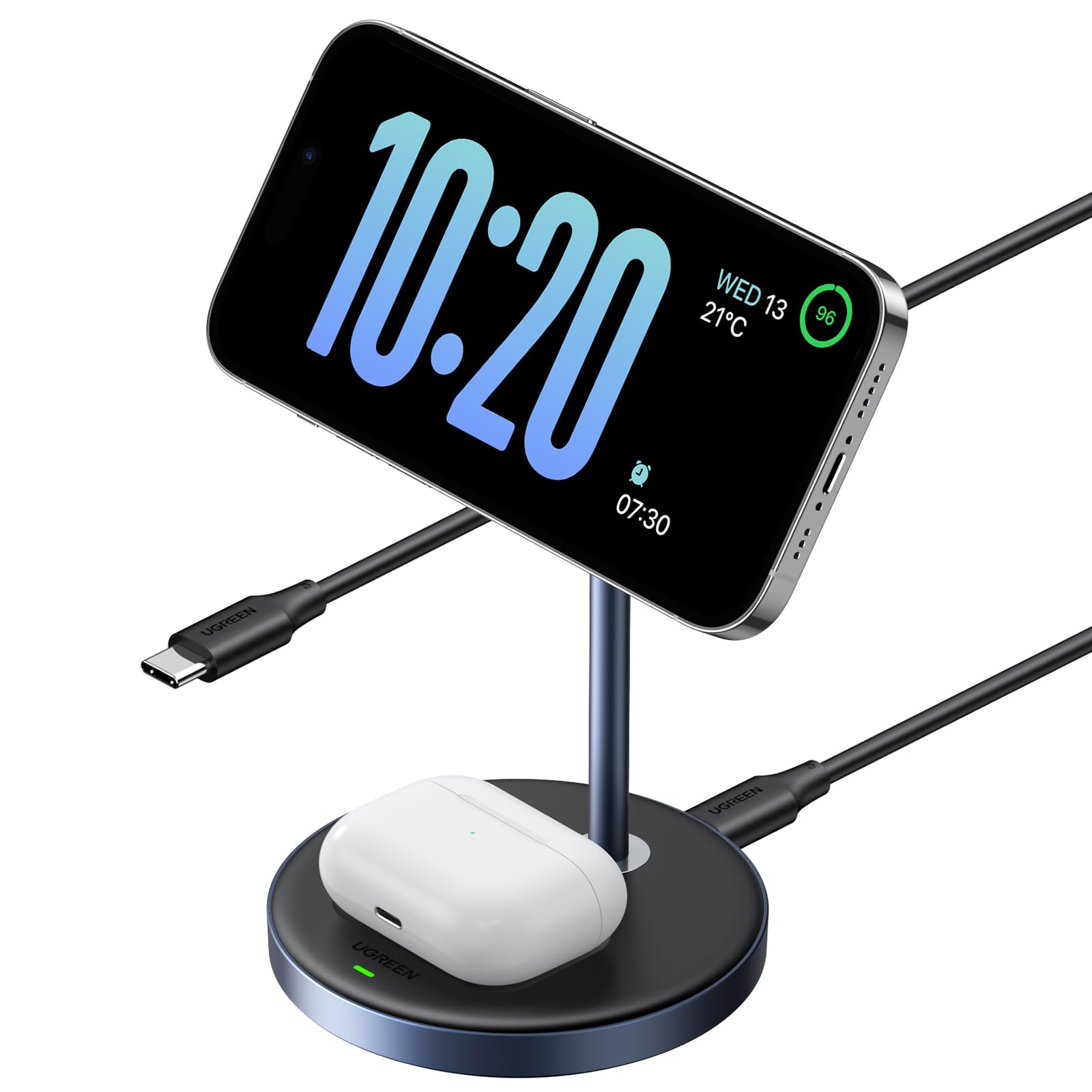 UGREEN MagFlow 2-in-1 Magnetic Wireless Charging Station Compatible with iPhone 16 15 14 13 12 Series and AirPods Series, Wireless Charging Stand with 3 FT USB-C Cable (No AC Adapter)