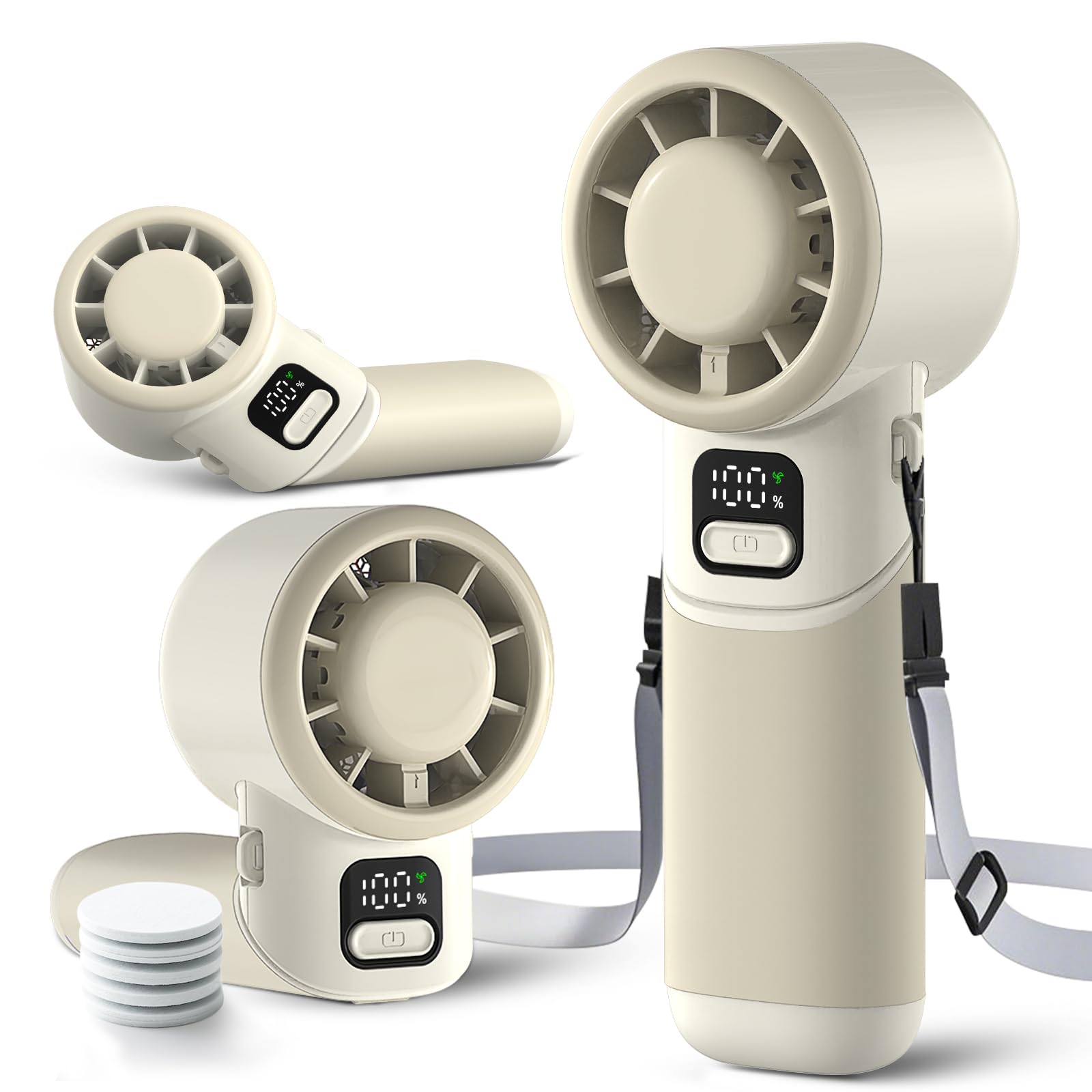 Aordeep Portable Handheld Turbo Fan, 4000mAh Rechargeable Mini Personal Fan, 5 Speeds, USB-C 90° Adjustable Desk Fan, Aroma Diffuser, Up to 12H Cooling for Travel, Office, Makeup, Beach, Cream Beige
