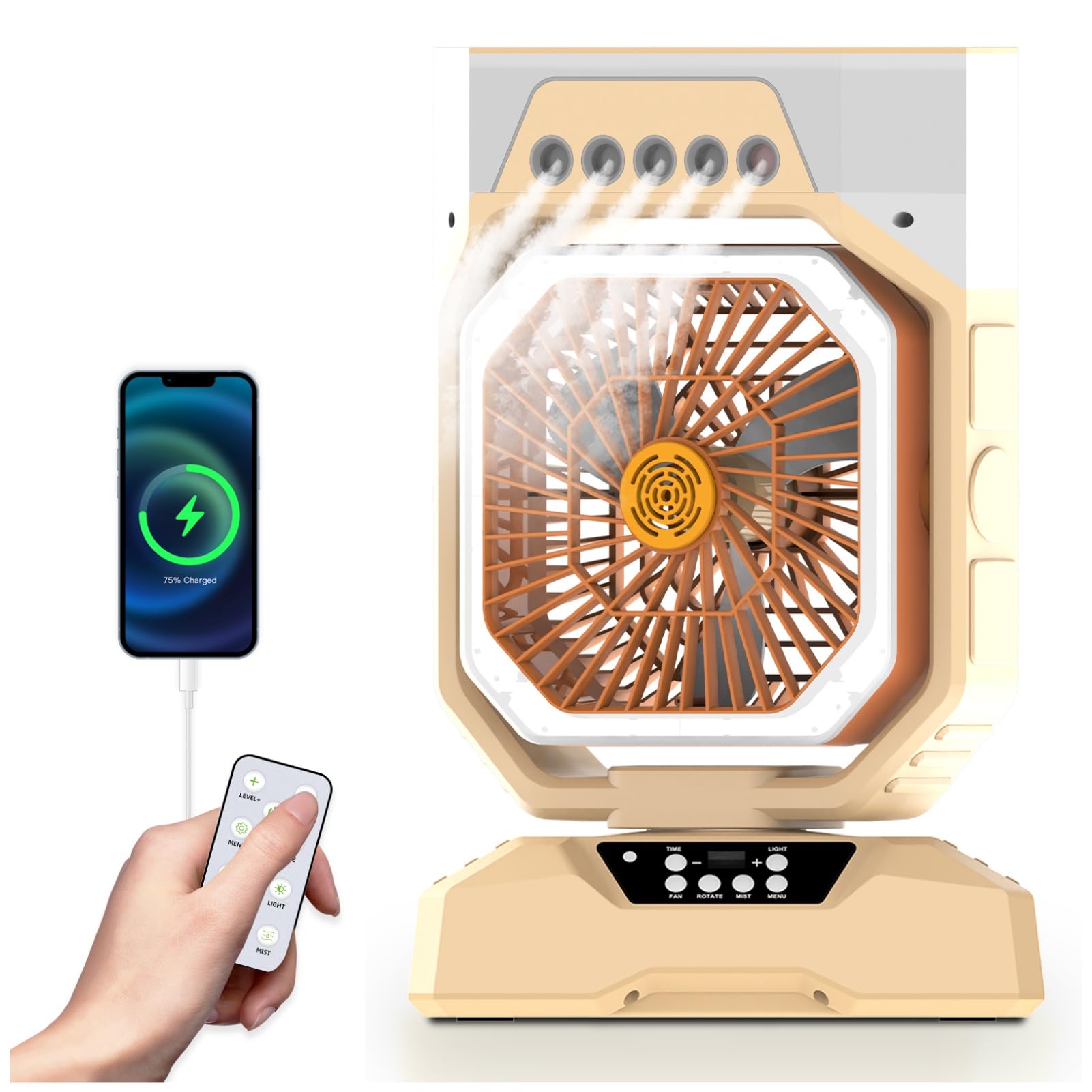 Weljoy Rechargeable Mist Fan with 5 Spray Nozzles, 27000mAh Power Bank Battery, LED Light, Aroma Diffuser, Remote & Oscillation – Stay Cool Anywhere Indoors or Outdoors (Biege)