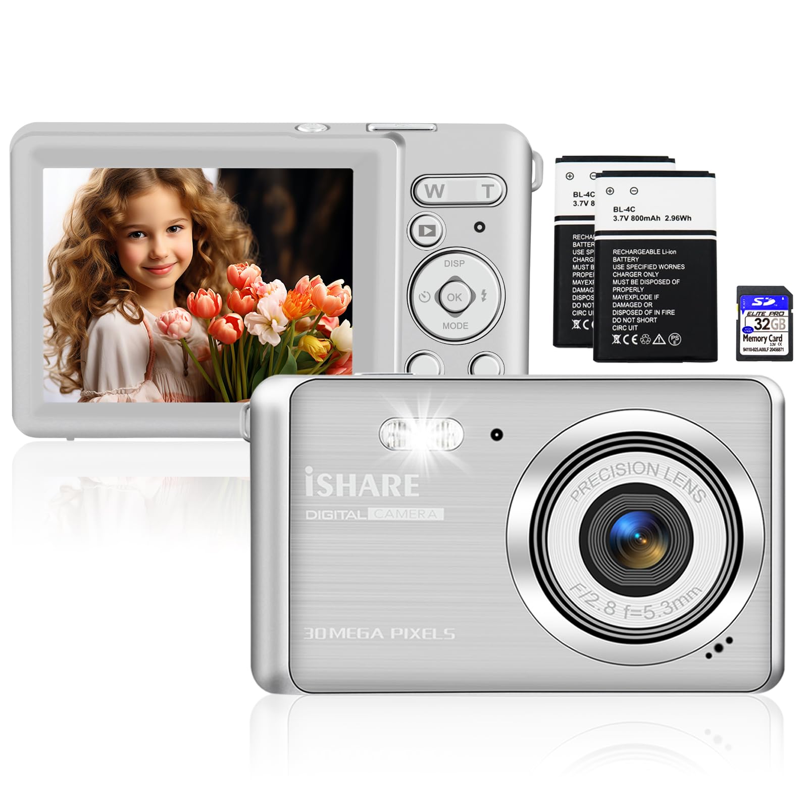 ISHARE Kids Digital Camera 30MP 1080P, Compact Pocket Camera with 18X Zoom, 2 Batteries & 32GB Card for Beginners Teens Seniors (Silver)