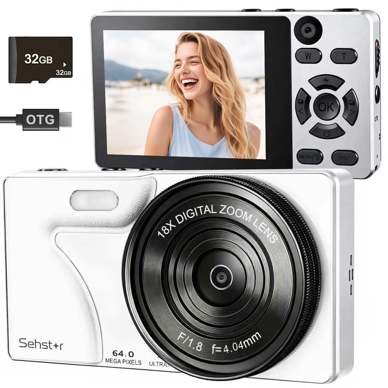 Digital Camera 4K 64MP Compact Digital Camera with 32GB SD Card (White)