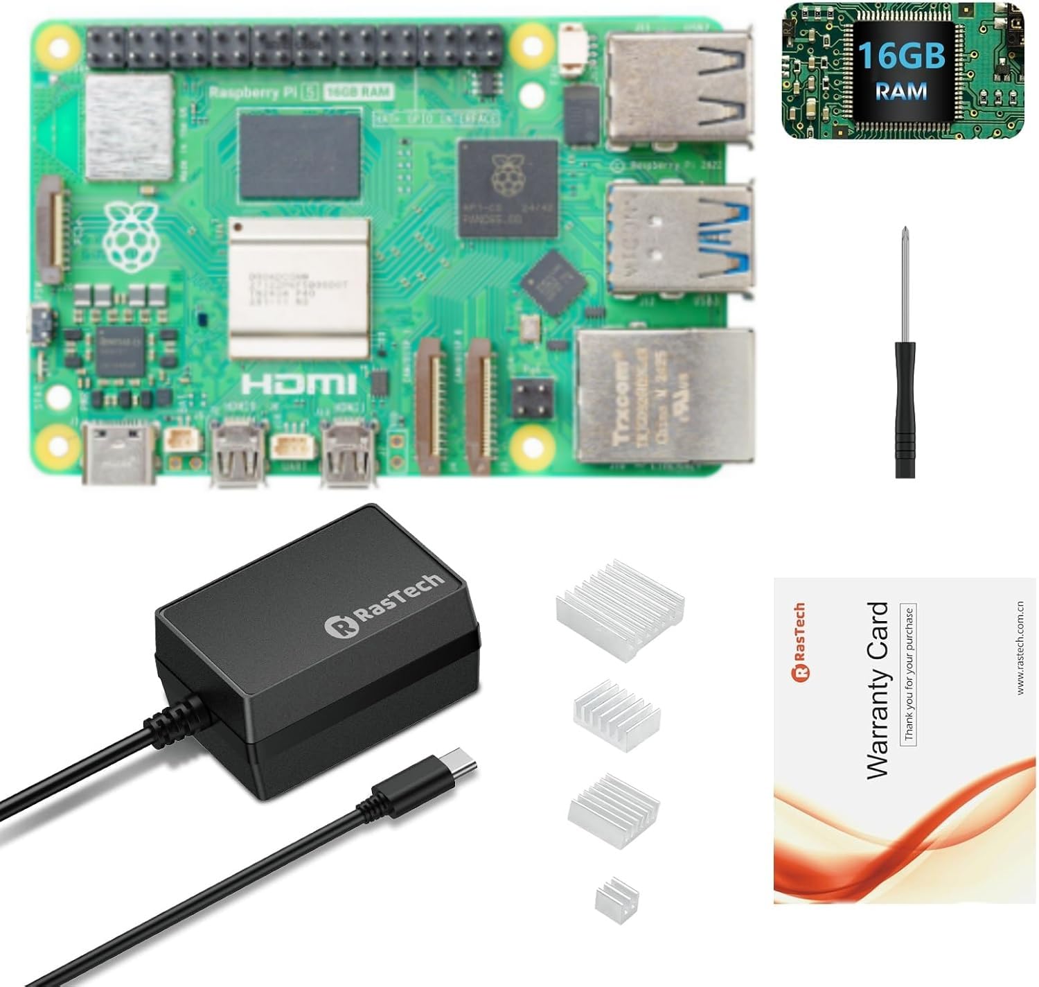 RasTech Raspberry Pi 5 Kit 16GB RAM with 27W PD Power Supply 5.1V5A,Heat Sinks and Raspberry Pi 5 16GB Board Included