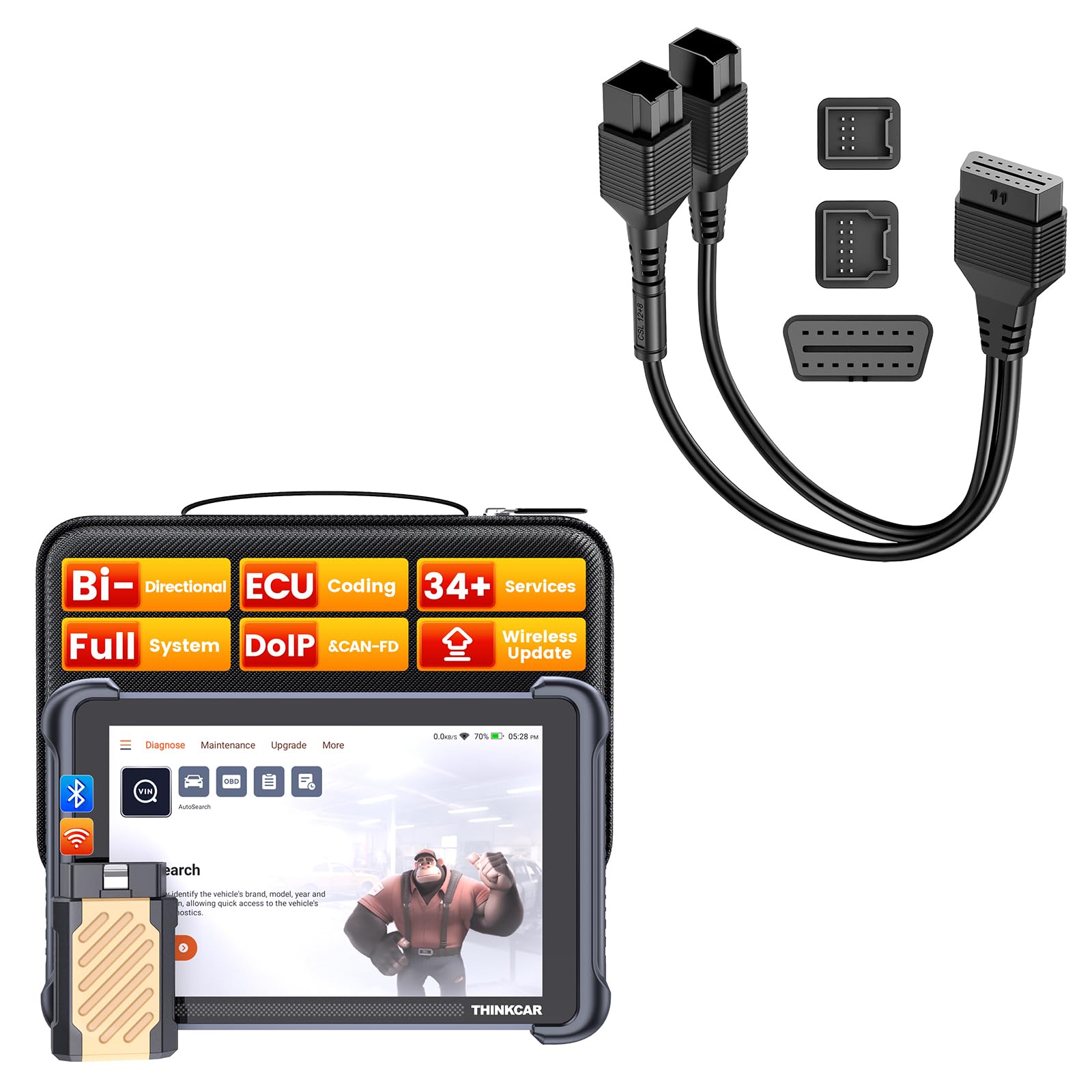 THINKCAR Car Scanner With12+8 Pin Connector, THINKSCAN 689BT All System Automotive Diagnostic Tool, Bi Directional OBD2 Scanner with ECU Coding, 34 Services, FCA Autoauth, CANFD and DoIP, Wireless Upd