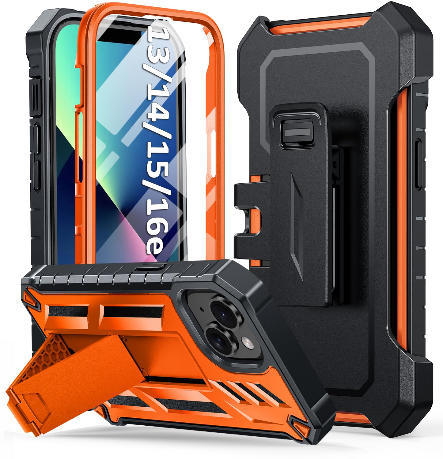 for iPhone 13/14/15 Phone Case: for iPhone 16e Protective Cover with Belt Clip Holster | Durable Dual-Layer Design with Built-in Kickstand | Heavy Duty Military Grade Hard Protection Shock Proof