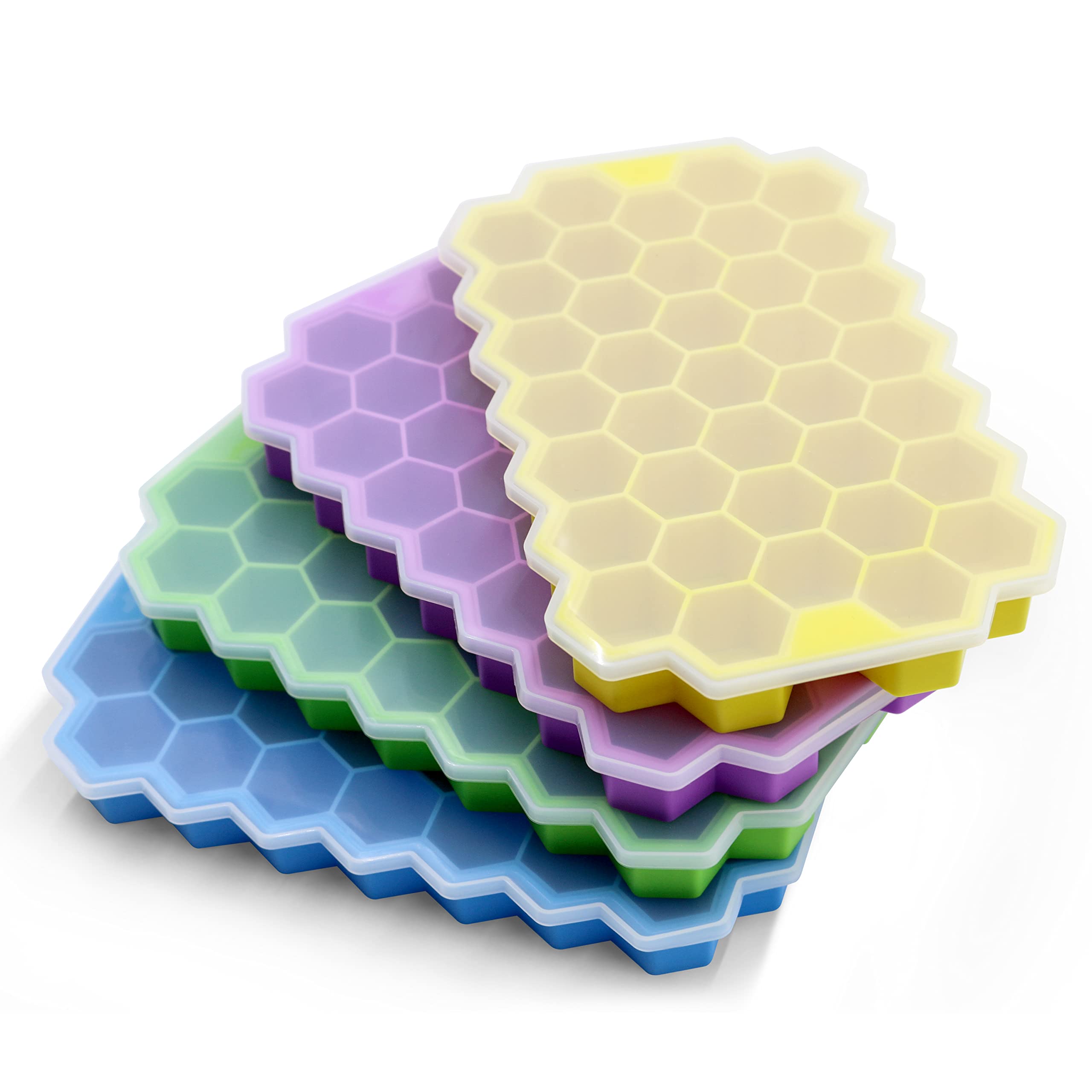 Ice Cube Trays for Freezer with Lid-37 Grid 4pcs Multicolor Silicone Ice Cube Tray with Lid for Small Ice Cube Molds,Easy-Release Reusable Ice Cube in Ice Bucket for Iced Coffee Cup
