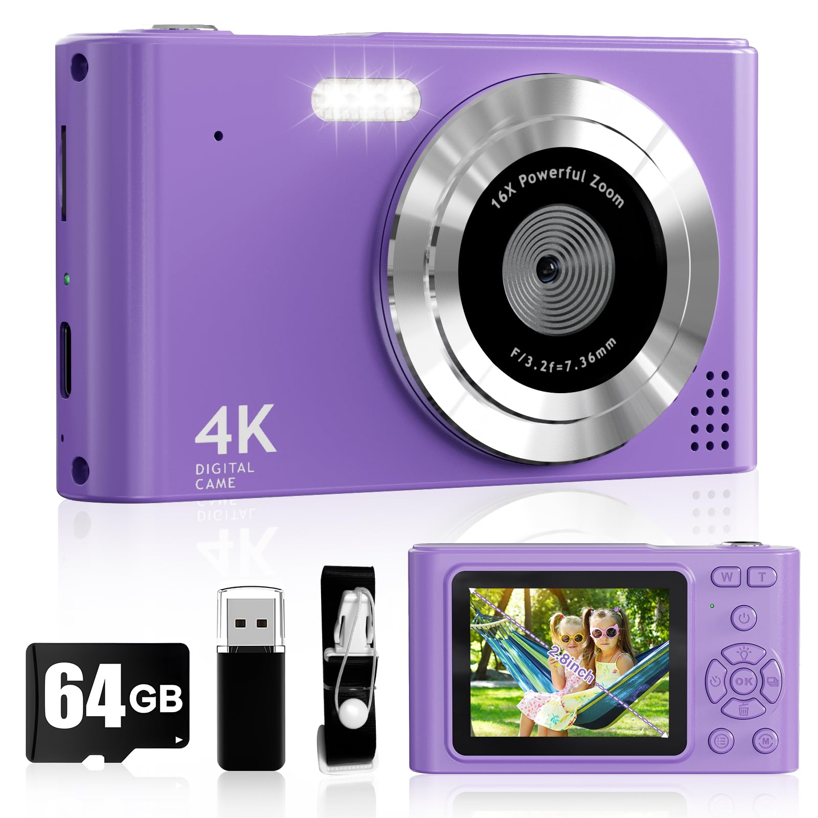 Digital Camera, Kids Camera1080P, Vlog Camera with 64GB Card, 16X Zoom Anti Shake, Card Reader, 44MP Compact Portable Small Point Shoot Digicam Gift for Kid Student Children Teen Girl Boy(Pruple)
