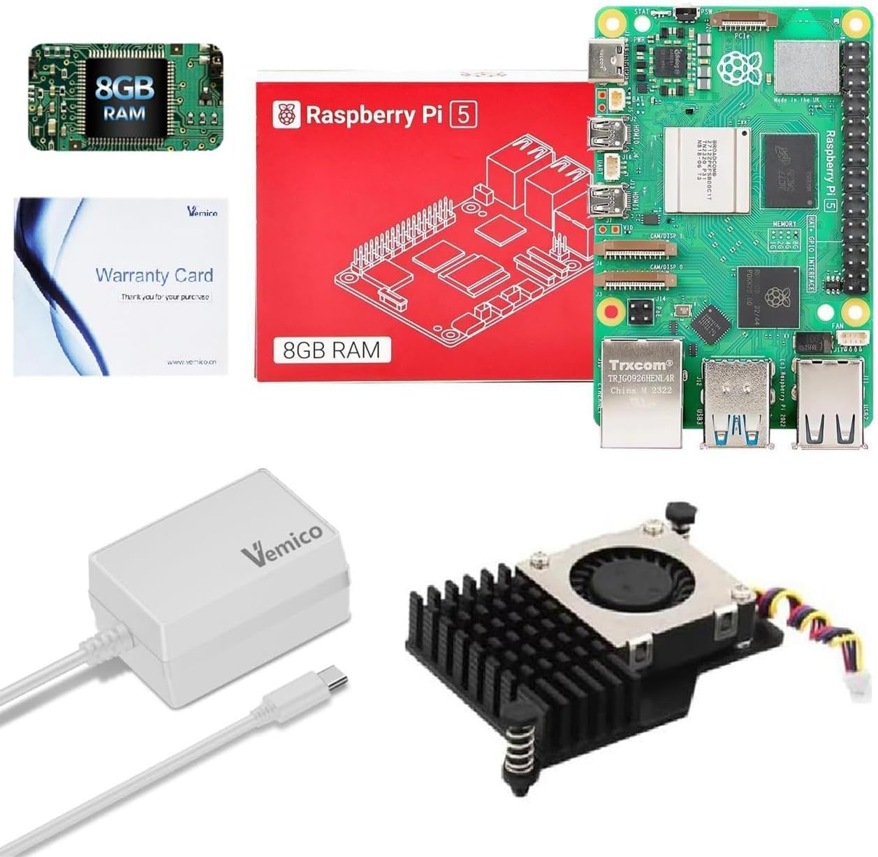 Vemico Raspberry Pi 5 8GB Starter Kit, Pi 5 8GB Single Board, 27W GaN 5.1V 5A Type-C Power Supply & Active Cooler, Ideal for AI, IoT, Robotics & DIY Projects