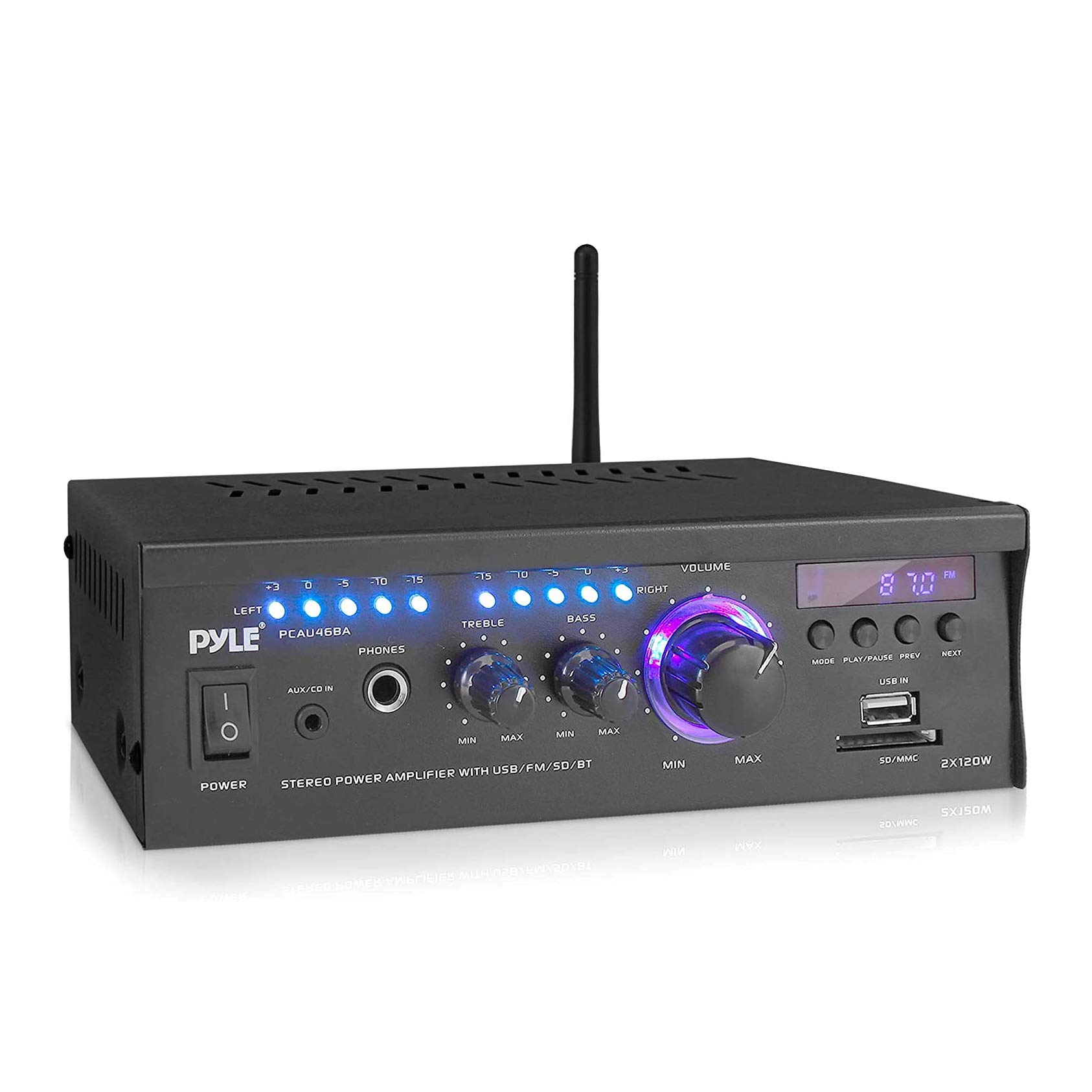 2x120 Watt Power Amplifier Home Audio Bluetooth Receiver System W/Blue Led Display, USB/SD, AUX, RCA, Headphone Jack - Remote
