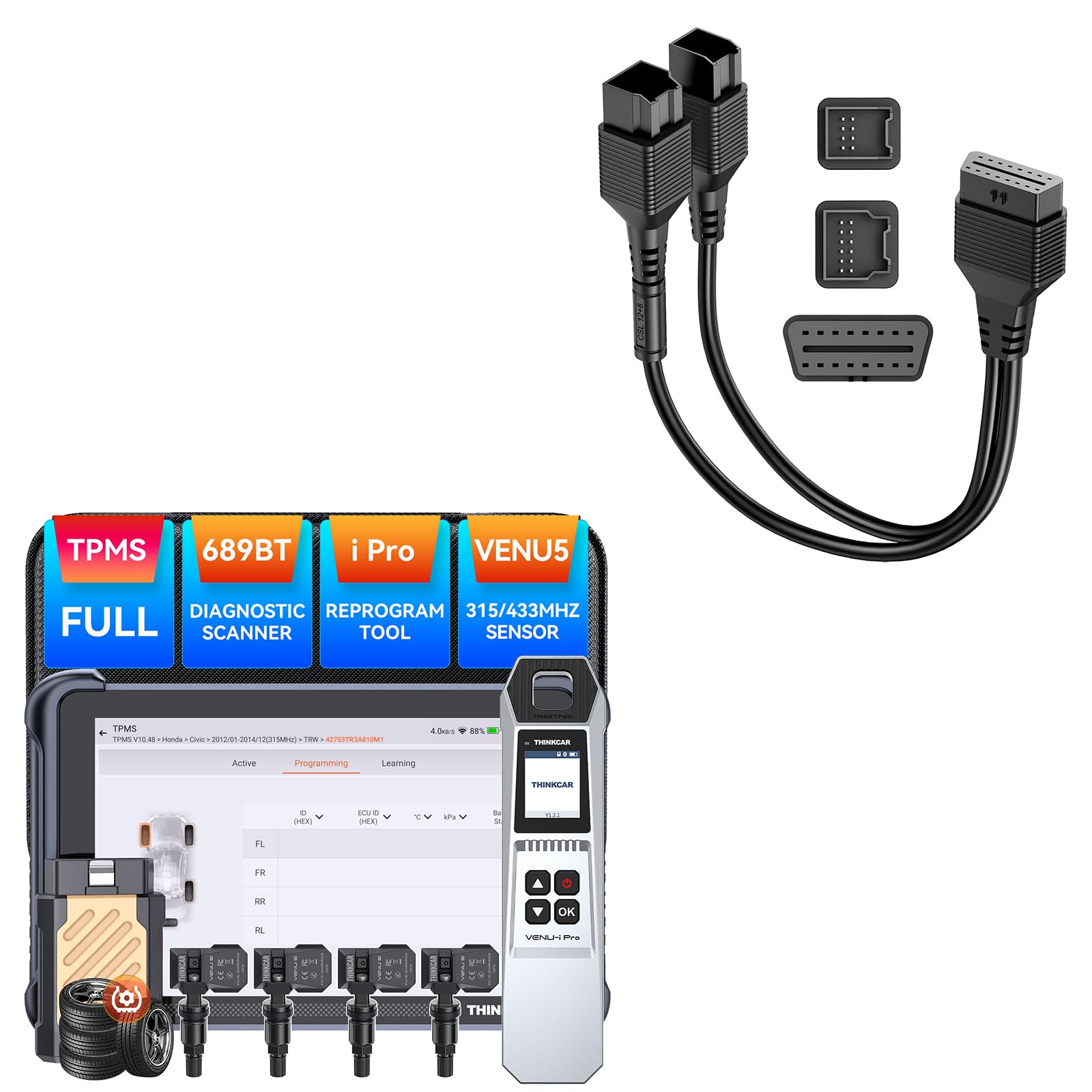 THINKSCAN 689BT TPMS Combos With 12+8 Connector, Professional OBD2 Scanner Diagnostic Tool with TPMS, Activate/Read/Learn Sensor Tool with VENU iPro, Programming Sensors(Pack in 315/433MHz VENU5) Only