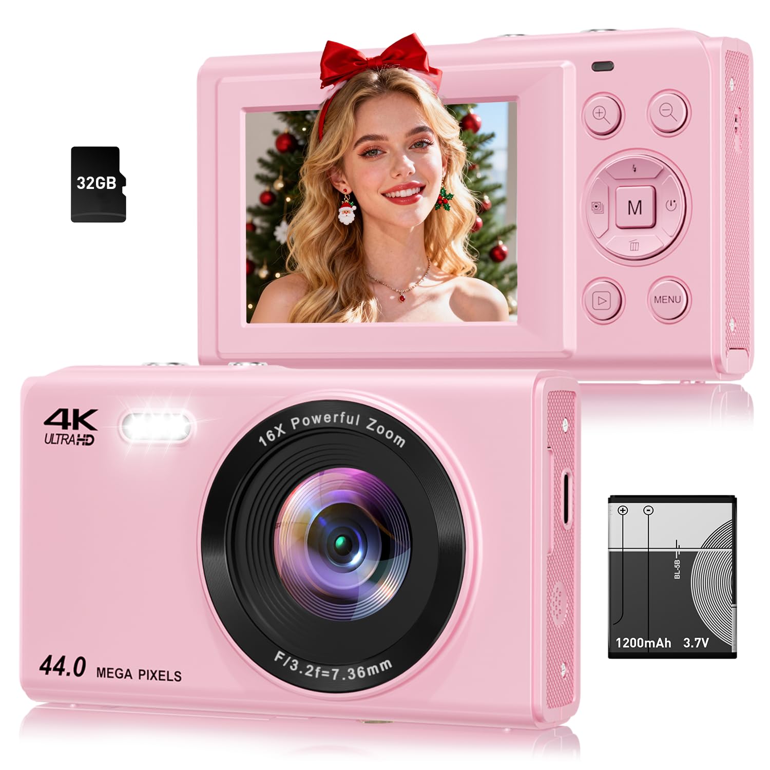 Digital Camera, 4K 44MP Autofocus Point and Shoot Camera with 16X Zoom 2.4" LCD Portable Compact Camera for Kids Teens Boys Girls Adults