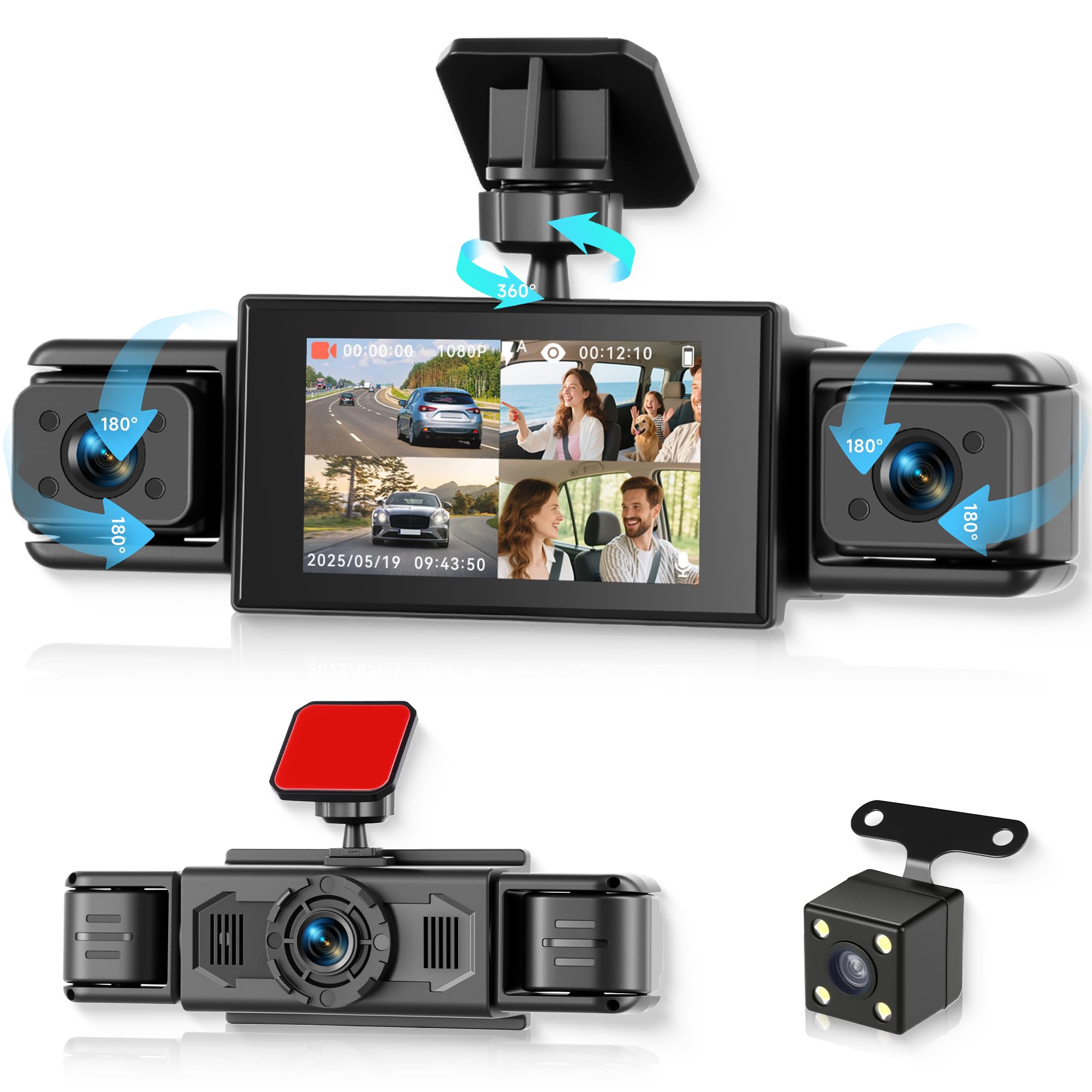 Orderich 360° Dash Cam Front and Rear Inside Left Right, 3 Inch 4 Channel FHD 1080P Dash Cam for Cars, IPS Dashcams with Night Vision, Loop Recording, 24H Parking Mode Monitor, Reverse View