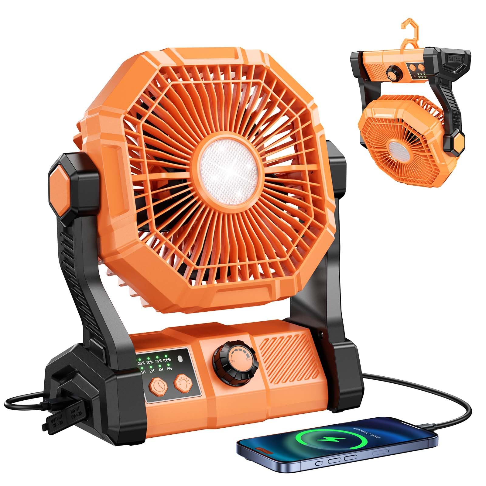 BINUYASHA Camping Fan With 8 Speeds, 10000mAh Battery Operated Fan With LED Lantern, Outdoor Portable Fans For Camping With Remote, Timing, Hook