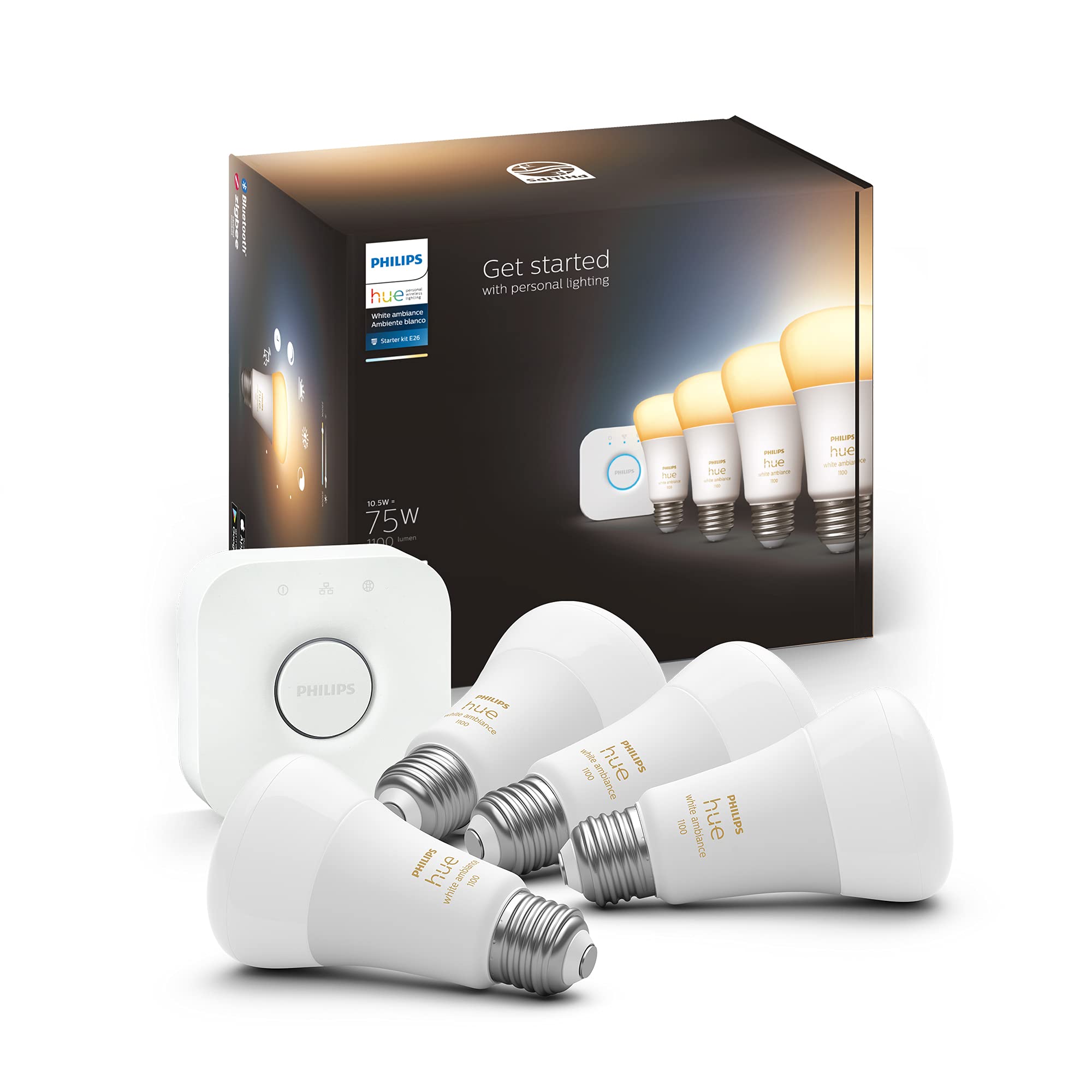 Philips Hue Smart Light Starter Kit - Includes (1) Bridge and (4) 75W A19 E26 LED Smart White Ambiance Bulbs - Control with App - Compatible with Alexa, Google Assistant, and Apple HomeKit