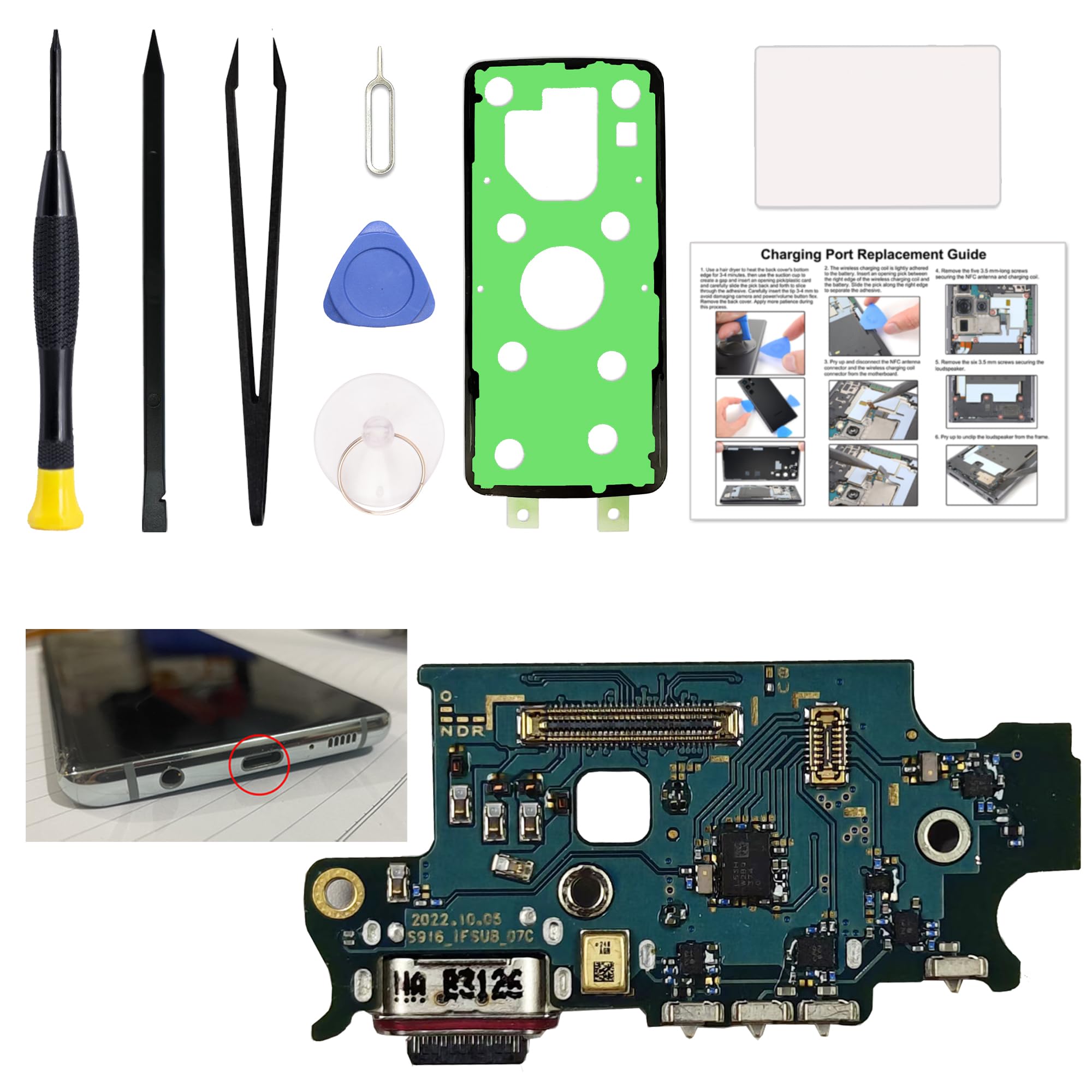 Charging Port Replacement Kit Compatible with Galaxy S23 Plus SM-S916U, SM-S916U1, SM-S916W, US Series Dock Board USB-C Connector S23+ Plus, with Instruction Manual, Toolkit