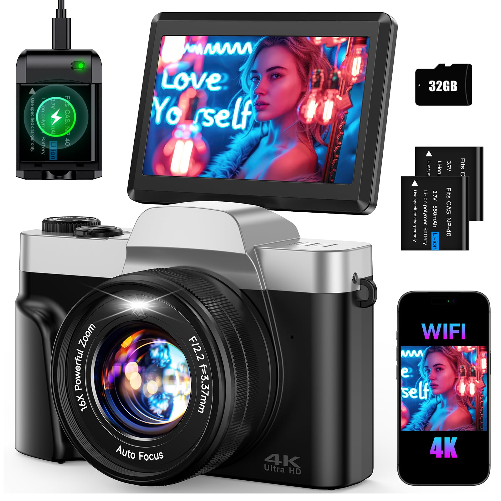4K Digital Camera for Photography 64MP WiFi Vlogging Camera for YouTube Autofocus 3" 180° Flip Screen 16X Zoom Compact Travel Cameras with Anti-Shake, SD Card, 2 Batteries & Battery Charger