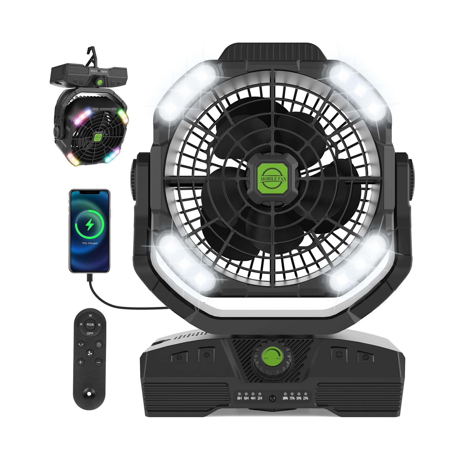 RUNTOP 20000mAh Oscillation Camping Fan, Remote Control Rechargeable Battery Operated Outdoor Tent Fan w/Hanging Hook, Portable Personal USB Desk Fan for Camping, Jobsite Tent Travel Beach Bedroom