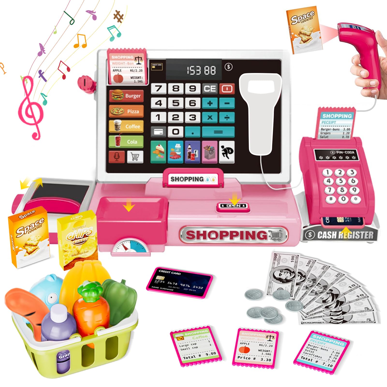VOPOGLNE Cash Register Playset Toy for Kids, Real Calculator Register, Pretend Play Store with Music, Scanner, Play Money, Food, Microphone, Preschool Learning Toy Playset Gift for Toddler Boy Girl