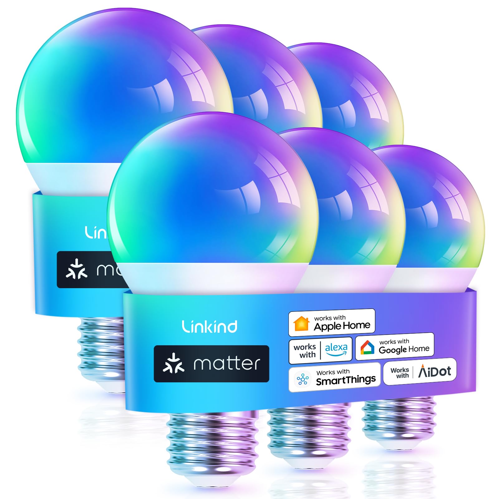 Linkind Matter WiFi Smart Light Bulbs, Work with Apple Home, Siri, Alexa, Google Home, SmartThings, RGBTW Color Changing Light Bulbs Mood Lighting, Music Sync, A19 E26 60W, 2.4Ghz WiFi Only 6 Pack