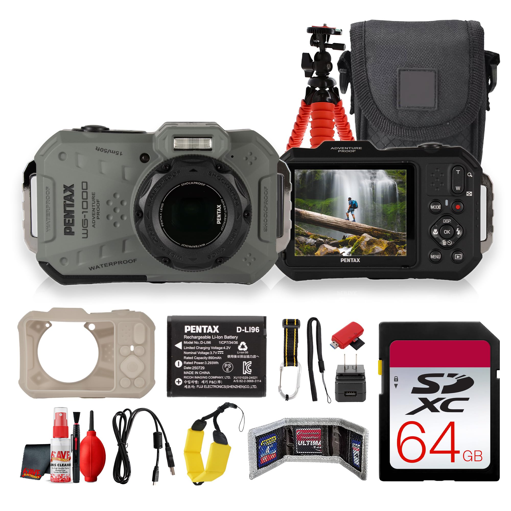 Ricoh PENTAX WG-1000 Digital Camera Olive | Compact Point and Shoot Camera for Travel, Everyday Photos and Outdoor Use (02164) + 64GB Card +More (15pc Bundle)