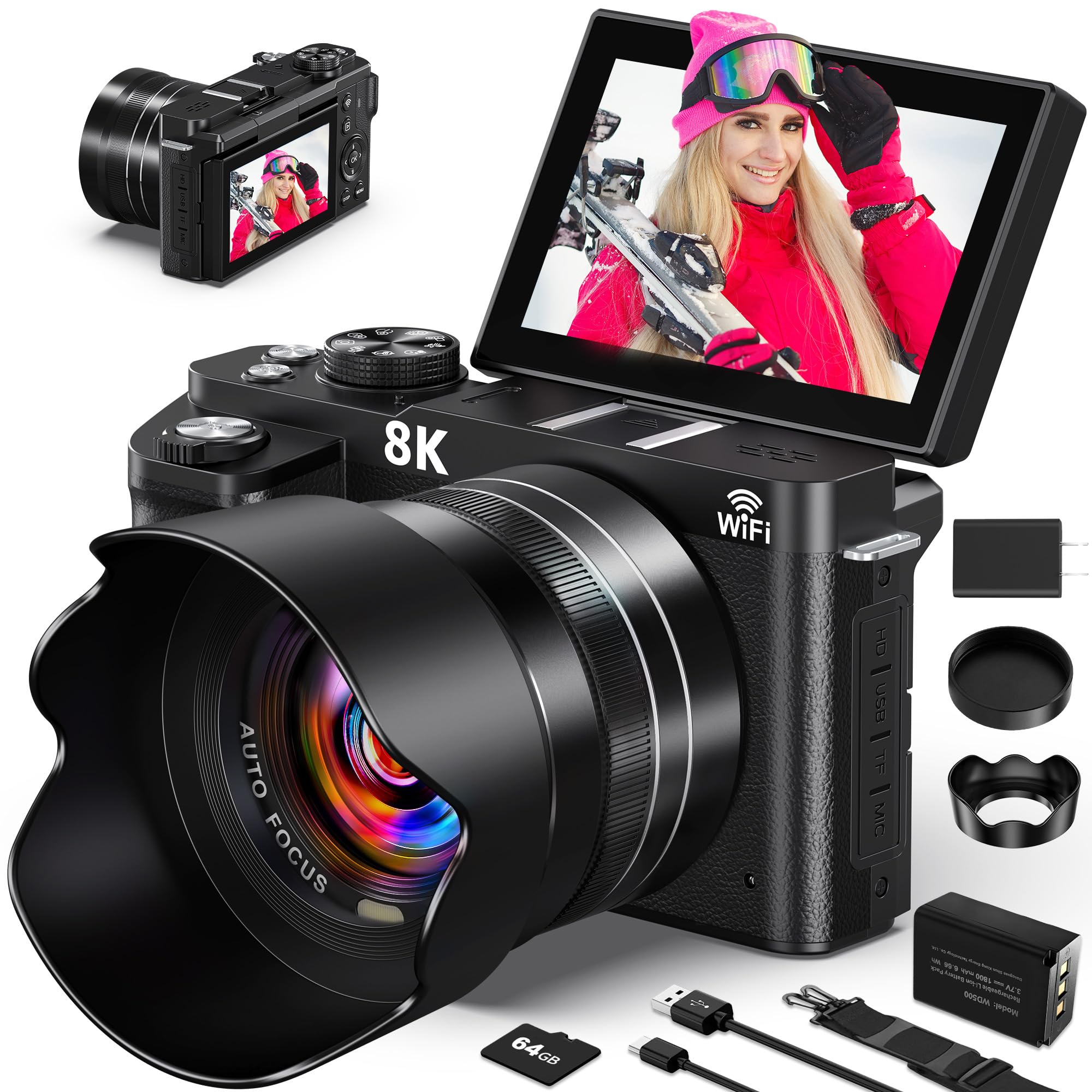 8K Digital Cameras for Photography - 88MP Autofocus Vlogging Camera for YouTube with 3" 180° Flip Screen - UHD Video Camara Gifts for Beginner Photographer with 18X Zoom, Lens Hood, 64GB Card