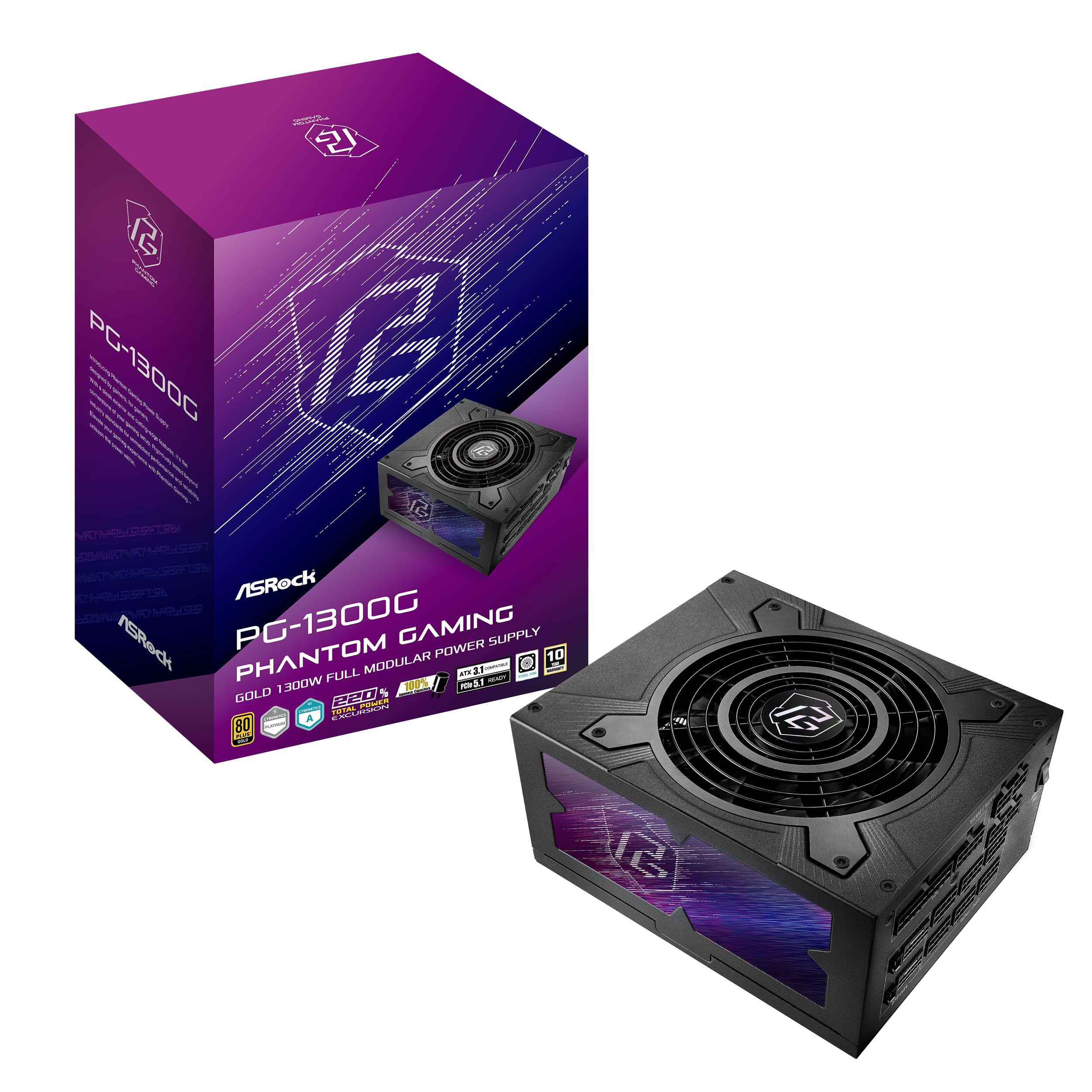 ASRock Phantom Gaming PG-1300G ATX 3.1 1300W Power Supply PCle5.1 10 Years Warranty Fully Modular Japanese Capacitor 80 Plus Gold Cybenetics Platinum 12V-2x6 Cables