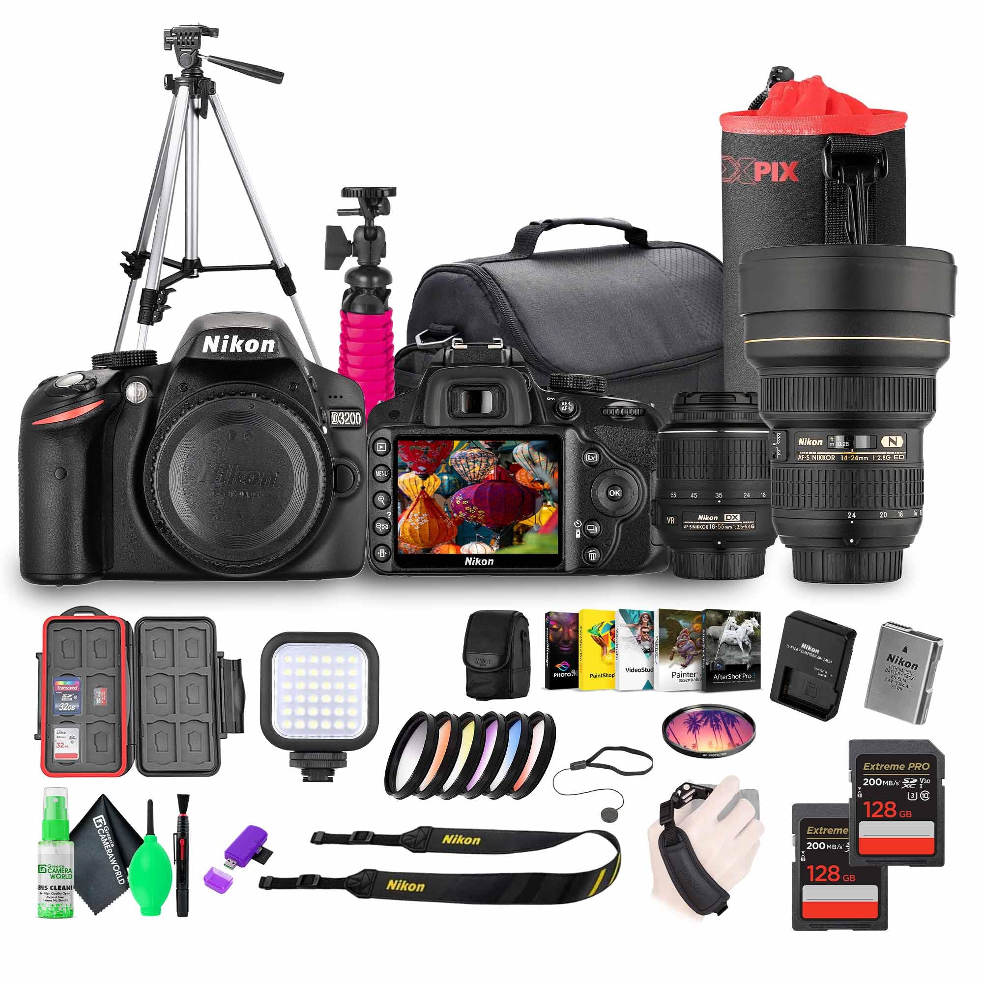Nikon D3200 24.2MP DSLR Camera Kit with 18-55mm VR Zoom Lens – Full HD 1080p Video Capture, Fast 11-Point Autofocus System + Nikon 14-24mm Lens + 72" Tripod + 128GB Memory Card + Camera Bag + More