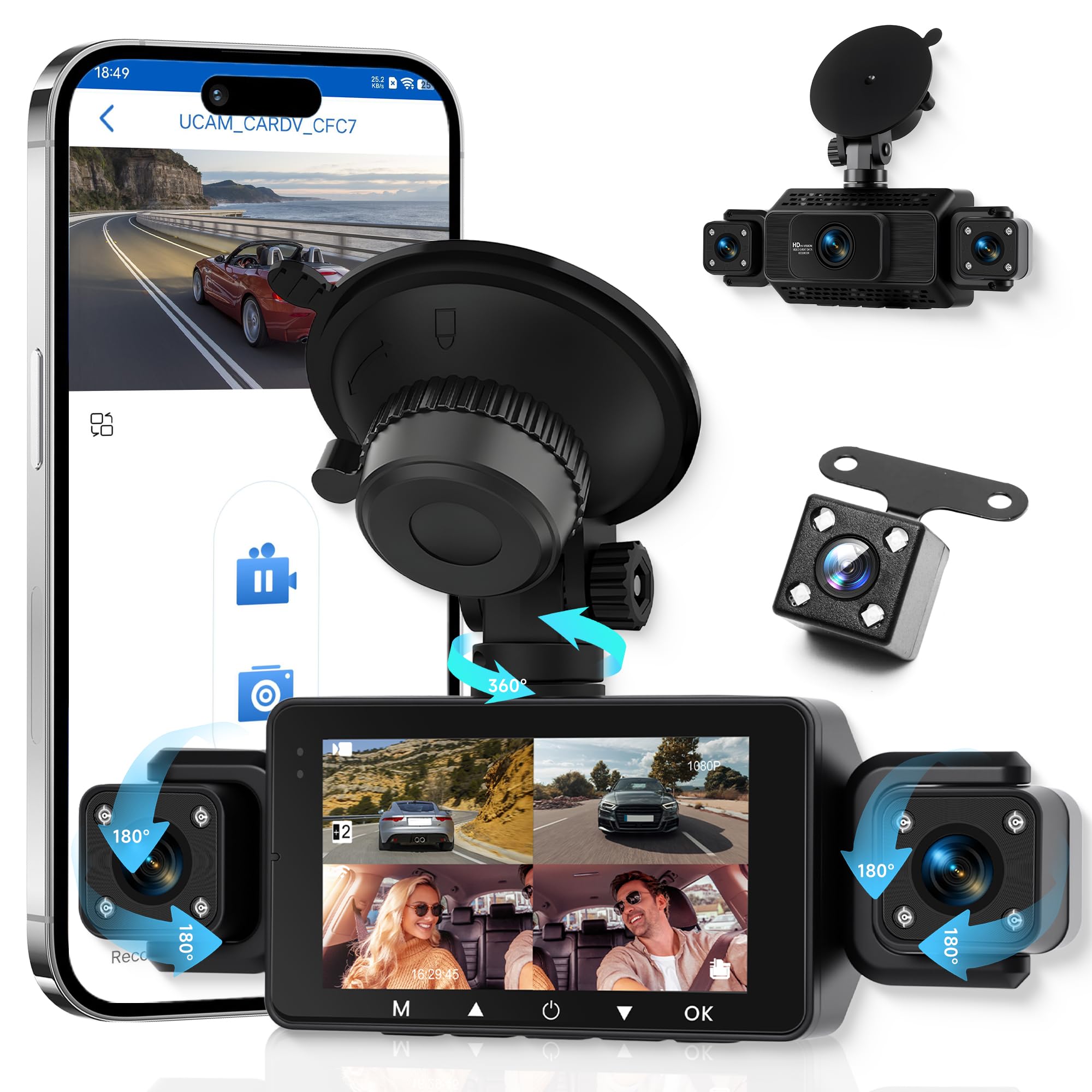 Orderich 4 Channel 360° Dash Camera Front and Rear Inside Left Right, 3 Inch Dash Cam Support WiFi, Built-in Night Vision Sensitive Motion Detection 24/7 Recording Parking Mode Monitor Reversing Help