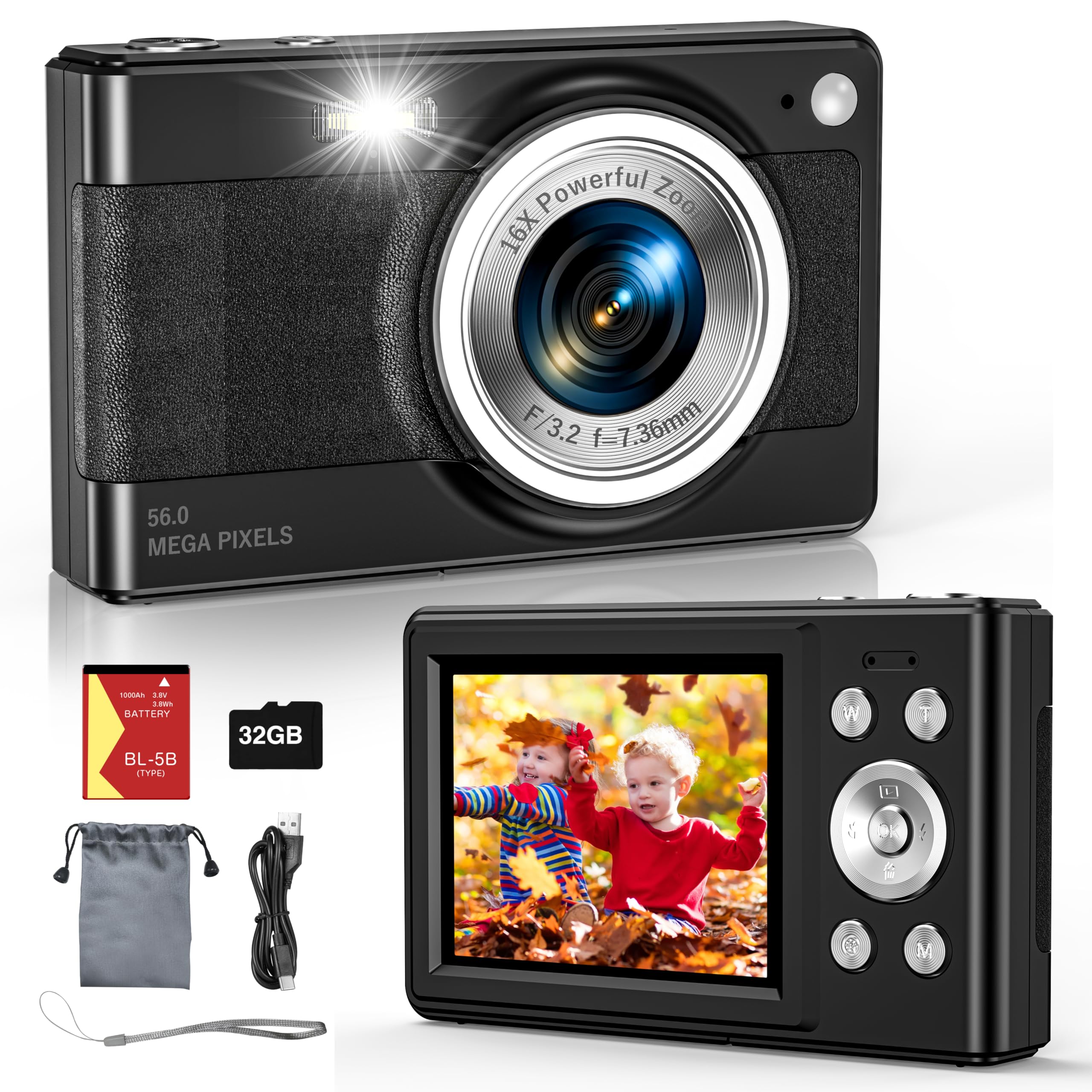 2025 New Digital Camera, 56MP FHD 1080P for Kids with 16x Digital Zoom Anti Shake, Face Detect, Smile Capture, 32GB TF Card, Battery, Lanyard, a Great Gift for Boys & Girls(Black)