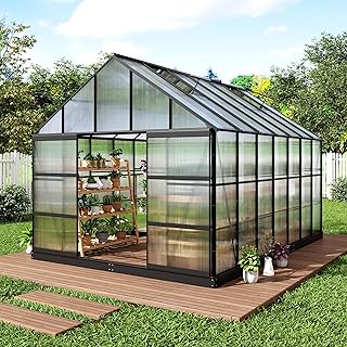 Yardsight 10x14 FT Greenhouse for Outdoors,Quick Setup Polycarbonate Greenhouse with Roof Vent,Walk-in Large Aluminum Green House with Sliding Door for Patio Garden (Black, 10x14 FT)